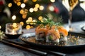 Delicious sushi in elegant japanese style displayed on grey table with chic glamorous lighting Royalty Free Stock Photo