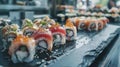 Delicious sushi rolls served on black table Royalty Free Stock Photo