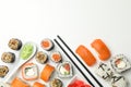 Delicious sushi rolls on background, top view. Japanese food