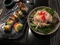 Delicious sushi with seafood salad