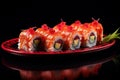 Delicious sushi served on red plate menu lunch. Generate Ai
