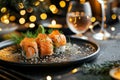 Delicious sushi in traditional japanese style on elegant grey table with glamour lights Royalty Free Stock Photo
