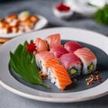 Delicious sushi tuna on wood and white plate with many flavor