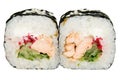 Delicious sushi on a white background isolate. Rolls with chicken, cucumber and sesame macro