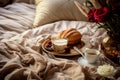 Delicious sweet breakfast with coffee on bed. Generate Ai Royalty Free Stock Photo