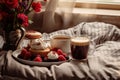 Delicious sweet breakfast with coffee on bed soft room. Generate Ai Royalty Free Stock Photo