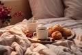 Delicious sweet breakfast food with coffee on bed. Generate Ai Royalty Free Stock Photo