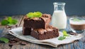 Delicious sweet brownie, chocolate cake and milk, tasty food