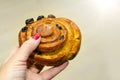 Delicious sweet bun  close-up. Junk food Royalty Free Stock Photo