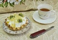 Homemade cake delicious gourmet food with fruits kiwi jelly tea and folding knife color background