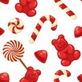 Delicious sweet candies in bright covers and lollipops in shape of cute hearts, striped cane and small teddy in seamless