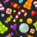 Delicious sweet candies in bright covers and lollipops in shape of cute hearts, striped cane and small teddy in seamless