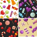 Delicious sweet candies in bright covers and lollipops in shape of cute hearts, striped cane and small teddy in seamless