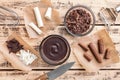 Delicious chocolate swirls on wooden background Royalty Free Stock Photo