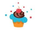 Delicious sweet cupcakes flat design vector illustration. Appetizing muffin with cherries and chocolate souffle. Cute