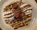 Delicious sweet dessert closeup belgian waffle and chocolate toppings with ice cream and whipped cream served with chocolate bars Royalty Free Stock Photo