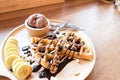 Delicious sweet dessert : homemade waffle with chocolate sauce Royalty Free Stock Photo