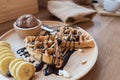 Delicious sweet dessert : homemade waffle with chocolate sauce Royalty Free Stock Photo