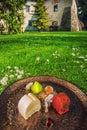 Delicious sweet dessert in spring style served in nature, easter menu for restaurant