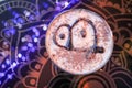 Delicious, sweet dessert tiramisu in a crockery on a table in a cafe in the evening drawing chocolate Royalty Free Stock Photo