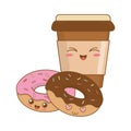 Delicious sweet donuts and coffee kawaii characters