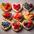 Delicious sweet heart-shaped tartlets with strawberries, raspberries, blueberries on light background