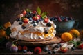 delicious sweet meringue cake with cream, berries and fruit