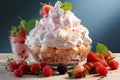 Delicious sweet meringue dessert made from sugar and whipped cream, decorated with berries