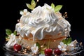 Delicious sweet meringue dessert made from sugar and whipped cream, decorated with berries and flowers
