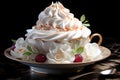 Delicious sweet meringue dessert made from sugar and whipped cream on a plate