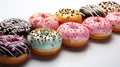 Delicious sweet round donuts in chocolate and powdered sugar glaze