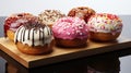 Delicious sweet round donuts in chocolate and powdered sugar glaze