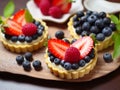 Delicious sweet tartlets with cream and raspberries, blueberries, strawberries, on a plate in a restaurant