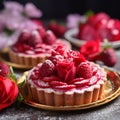 Delicious sweet tartlets with strawberry jam and cream rose, on plate, with floral decor