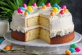 Delicious sweet tempting cream cake closeup