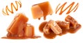 Delicious sweets - Golden Butterscotch toffee candy caramels and liquid caramel sauce isolated on white background. Collection Royalty Free Stock Photo