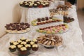 Delicious table with desserts and macarons at wedding reception
