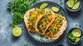 Delicious tacos served with fresh lime and cilantro on a dark background Royalty Free Stock Photo