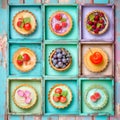 Delicious tart with fresh berries and yogurt decorated with mint leaves and flowers on marble background. Created with generative Royalty Free Stock Photo