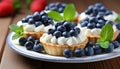 Delicious tartlet with fresh blueberries beautifully arranged on a pristine white plate