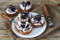 Delicious tartlets with cream cheese, chocolate and cherries. Royalty Free Stock Photo