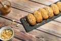 Delicious and tasty Greek  honey cookies with walnuts called melomakarona Royalty Free Stock Photo