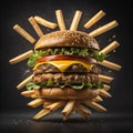 Delicious Hamburger floating on air with cheese and tomato surrounded with french fries dark background Royalty Free Stock Photo
