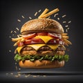 Delicious Hamburger floating on air with cheese and tomato surrounded with french fries dark background Royalty Free Stock Photo