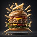 Delicious Hamburger floating on air with cheese and tomato surrounded with french fries dark background Royalty Free Stock Photo