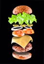 Delicious tasty hamburger with flying ingredients isolated on black background. Burger parts flying in air. Floating Royalty Free Stock Photo