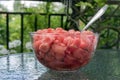 Delicious tasty ripened red watermelon in glass bowl, ready to eat Royalty Free Stock Photo