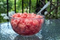 Delicious tasty ripened red watermelon in glass bowl, ready to eat Royalty Free Stock Photo