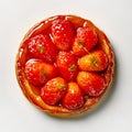 Delicious tasty tart with fresh strawberries decorated with green leaves isolated on white background, top view. Created with