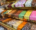 Delicious tasty turkish delight sweets and dried fruits at Grand bazaar, Istanbul, Turkey Royalty Free Stock Photo